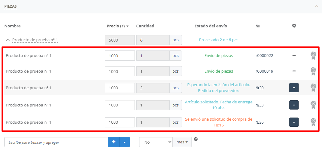 Información detallada sobre cada unidad del producto