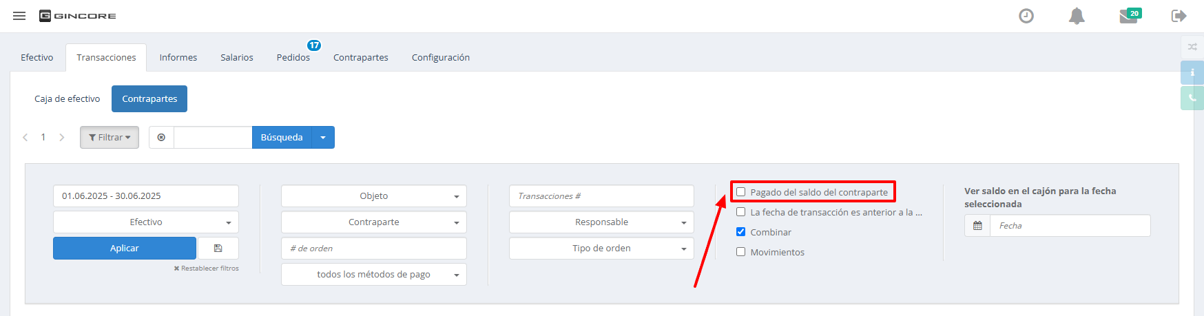 Nueva opción de filtro «Pagado desde el saldo del cliente», que permite filtrar transacciones pagadas desde el saldo interno del cliente.