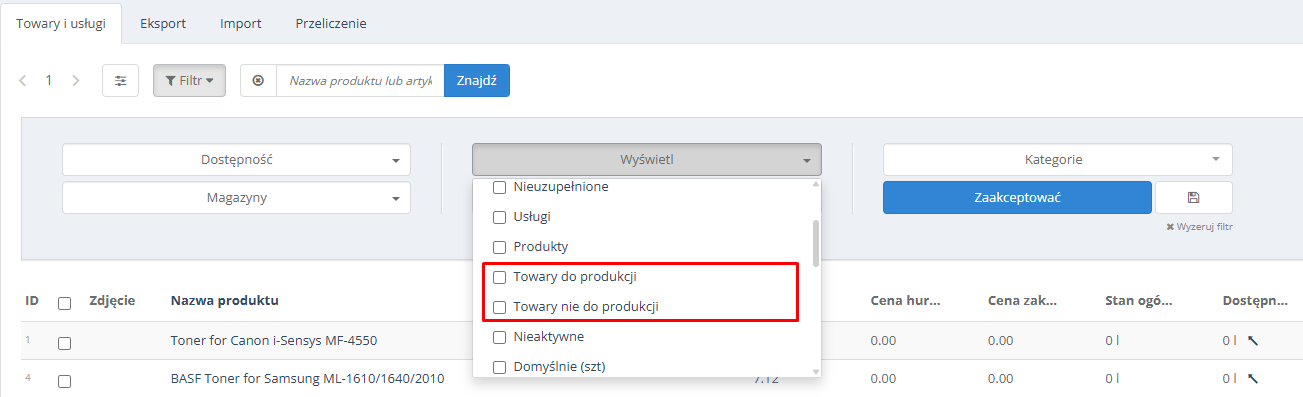 Filtr towarów do produkcji