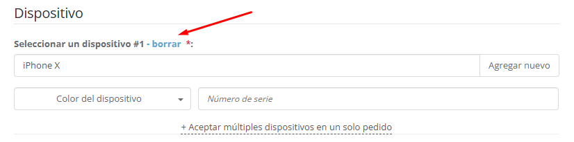 Eliminación de dispositivos en el formulario de pedido de reparación