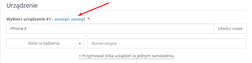Usuwanie urządzenia w formularzu zamówienia na naprawę