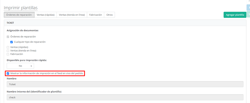 Casilla para configurar la visualización de eventos de impresión en el historial de actividad del pedido de Gincore