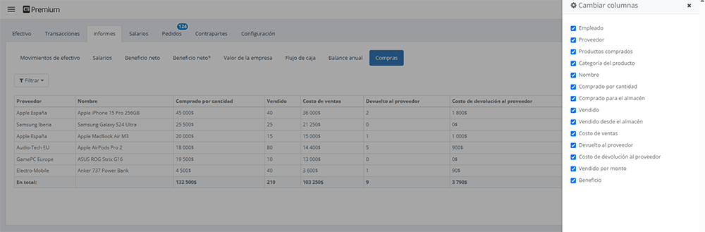 Menú de configuración de visualización de columnas en la tabla del informe de compras