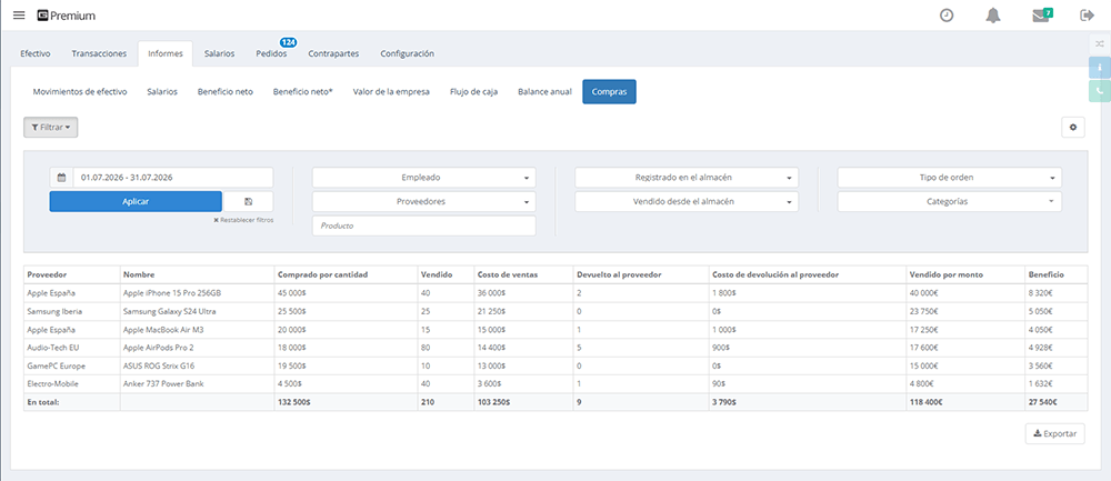 Interfaz actualizada del informe de compras de productos sin selección obligatoria de empleado