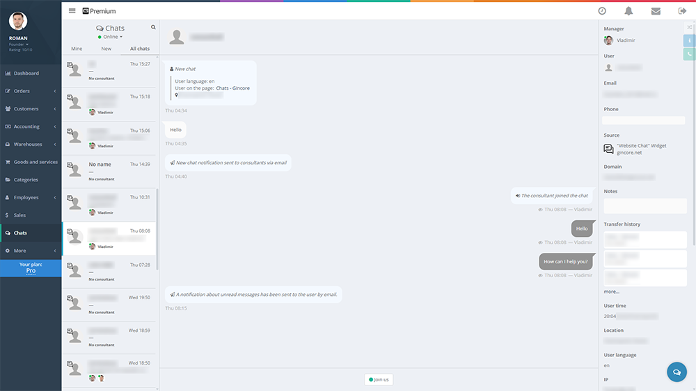 Gincore manager workspace: unified omnichannel chats module interface with detailed client information
