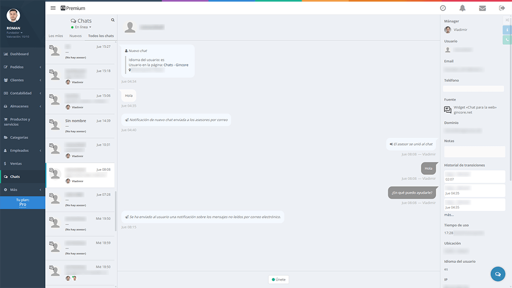 Espacio de trabajo del gerente en Gincore: interfaz unificada del módulo de chats omnicanal con información detallada del cliente