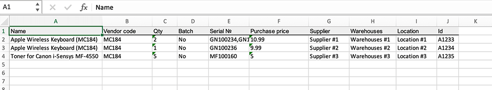 Excel-Dateivorlage für den Multi-Import von Lagerbeständen verschiedener Lieferanten in verschiedene Lager im Gincore ERP