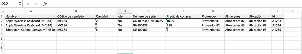 Plantilla de Excel para la multi-importación de saldos de inventario de diferentes proveedores a varios almacenes en el ERP Gincore