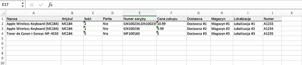 Szablon pliku Excel do multi-importu stanów magazynowych od różnych dostawców do różnych magazynów w systemie ERP Gincore