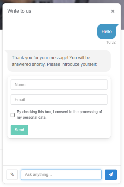 Smart live chat widget for websites by Gincore featuring a lead generation contact form