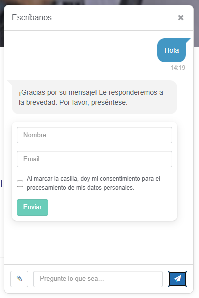 Widget inteligente de chat en vivo para sitios web de Gincore con formulario de captura de contactos