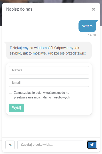 Inteligentny widżet czatu na żywo na stronę internetową od Gincore z formularzem zbierania kontaktów