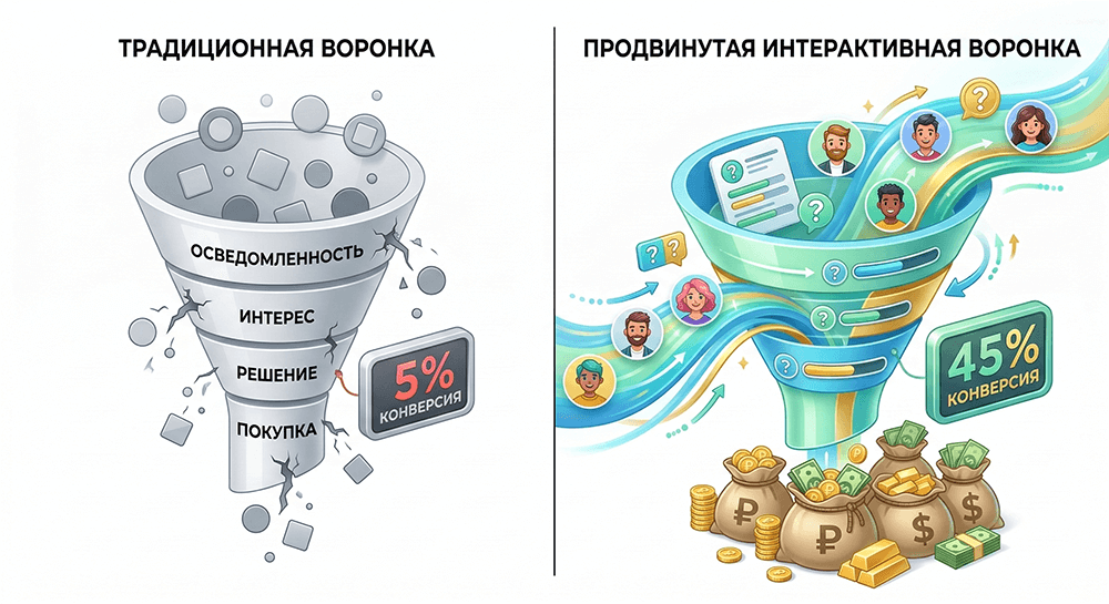 Современная изометрическая иллюстрация с разделенным экраном, сравнивающая традиционную статичную воронку с низкой конверсией и продвинутую интерактивную воронку-квиз с высокой конверсией.