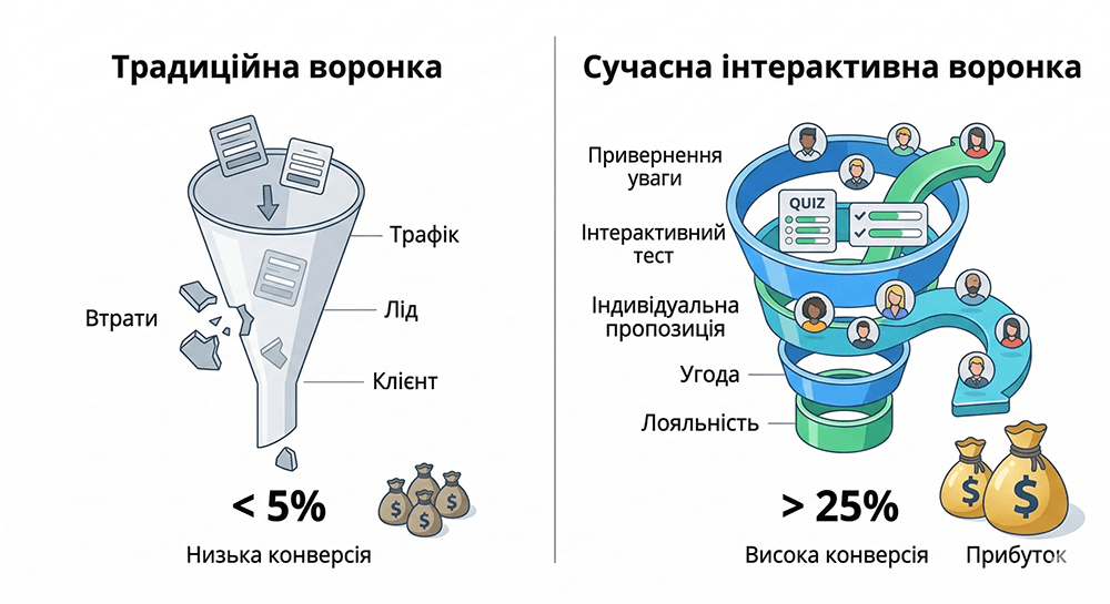 Сучасна ізометрична ілюстрація, що порівнює традиційну статичну воронку з низькою конверсією та просунуту інтерактивну воронку з високою конверсією.