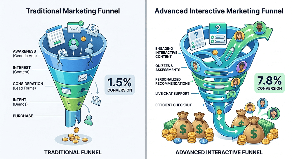 Illustration moderne en isométrie avec écran divisé comparant un entonnoir de formulaire statique traditionnel à faible conversion avec un entonnoir de quiz interactif avancé à forte conversion.