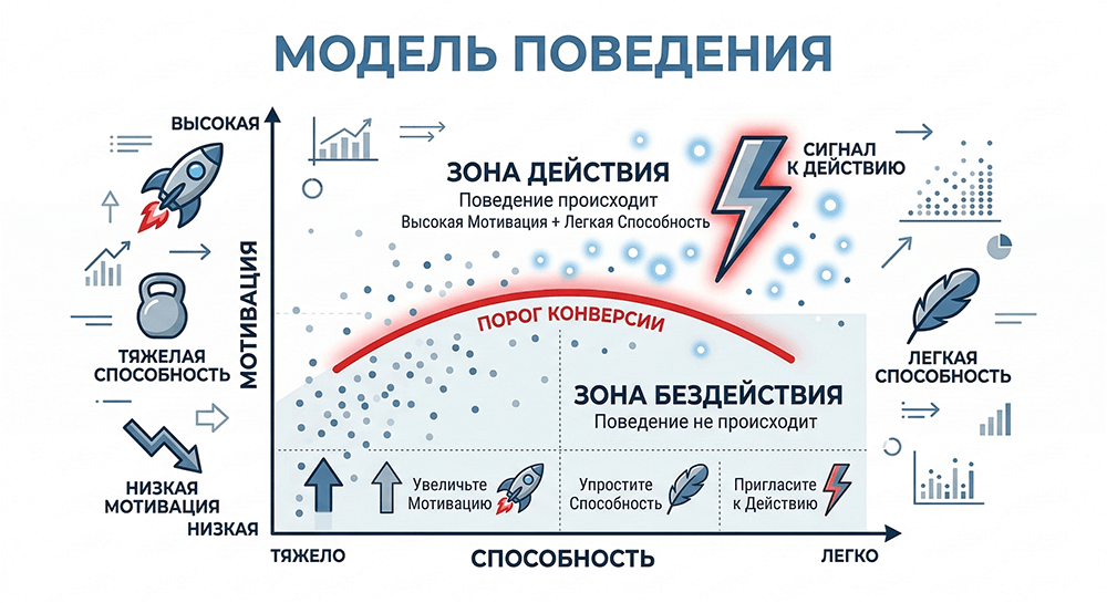 Минималистичный 3D изометрический график визуализации данных, иллюстрирующий Модель поведения Фогга, показывающий зависимость Мотивации и Способности, а также Линию действия.