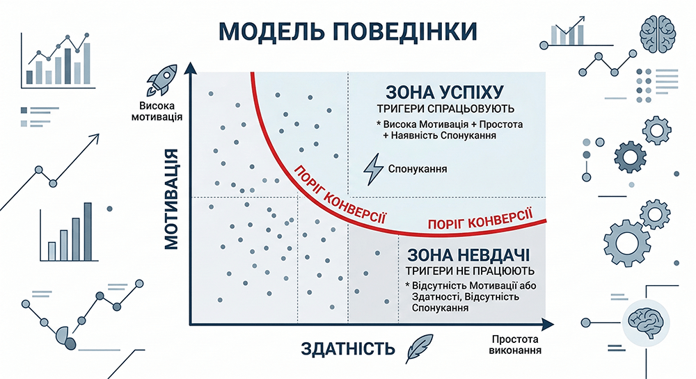 Мінімалістичний 3D ізометричний графік візуалізації даних, що ілюструє Модель поведінки Фогга, демонструючи Мотивацію, Можливість та Лінію Дії.