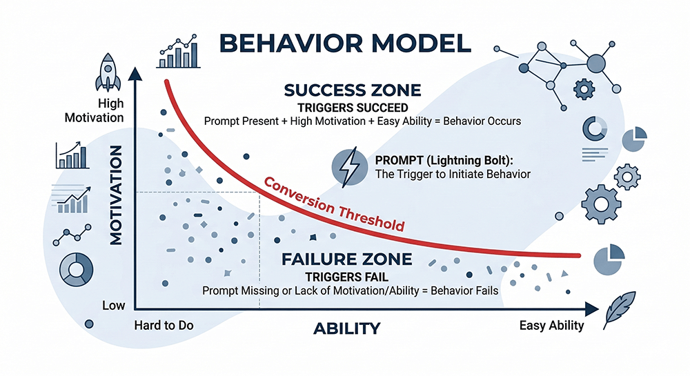Un graphique minimaliste de visualisation de données isométrique en 3D illustrant le modèle de comportement de Fogg, montrant la Motivation par rapport à la Capacité et la Ligne d'Action.