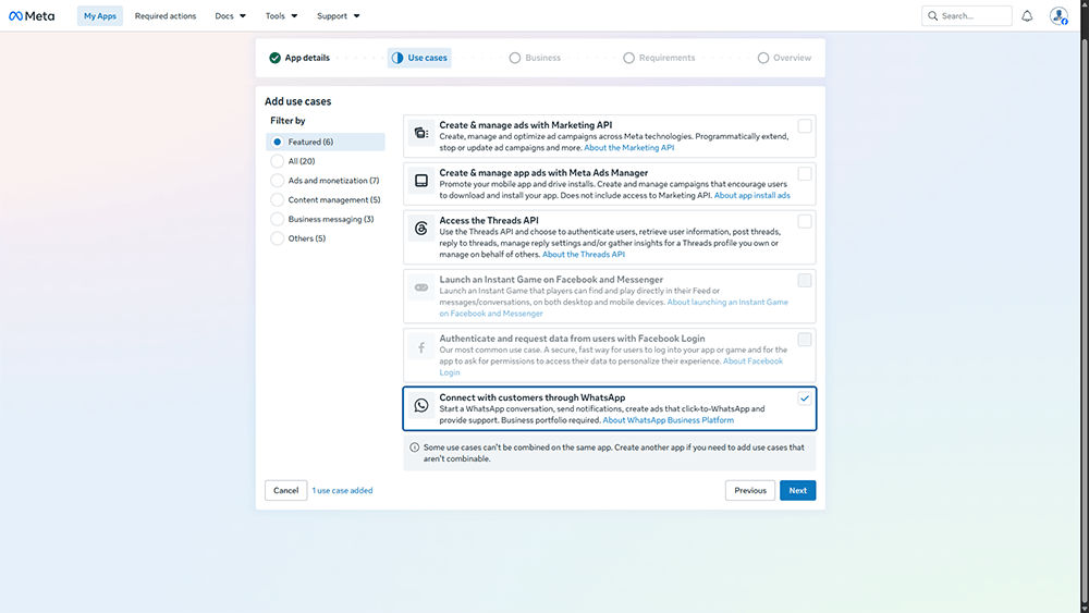 Auswahl des Anwendungsfalls Connect with customers through WhatsApp im Meta-Dashboard