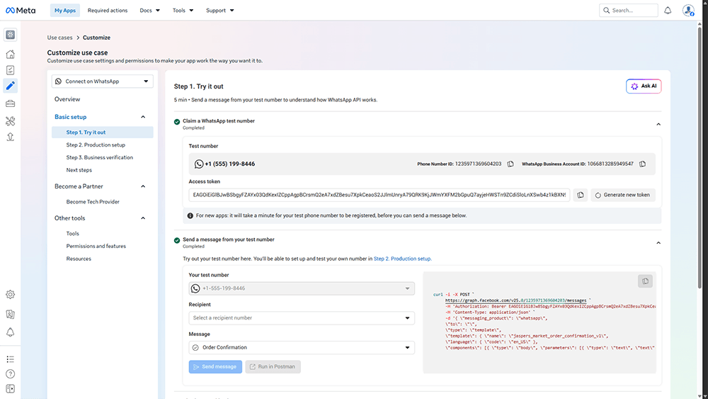Seite Step 1 Try it out mit WhatsApp-Testnummer, Telefon-ID und Zugriffstoken