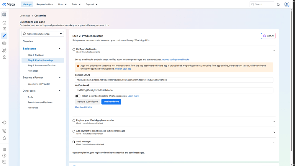Konfiguration von Webhooks in der Phase Step 2 Production setup in Meta