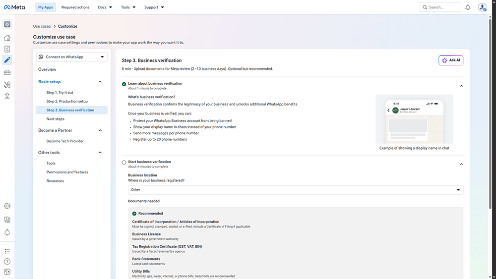 Seite Step 3 Business verification mit Dokumentenanforderungen für die Unternehmensverifizierung in Meta