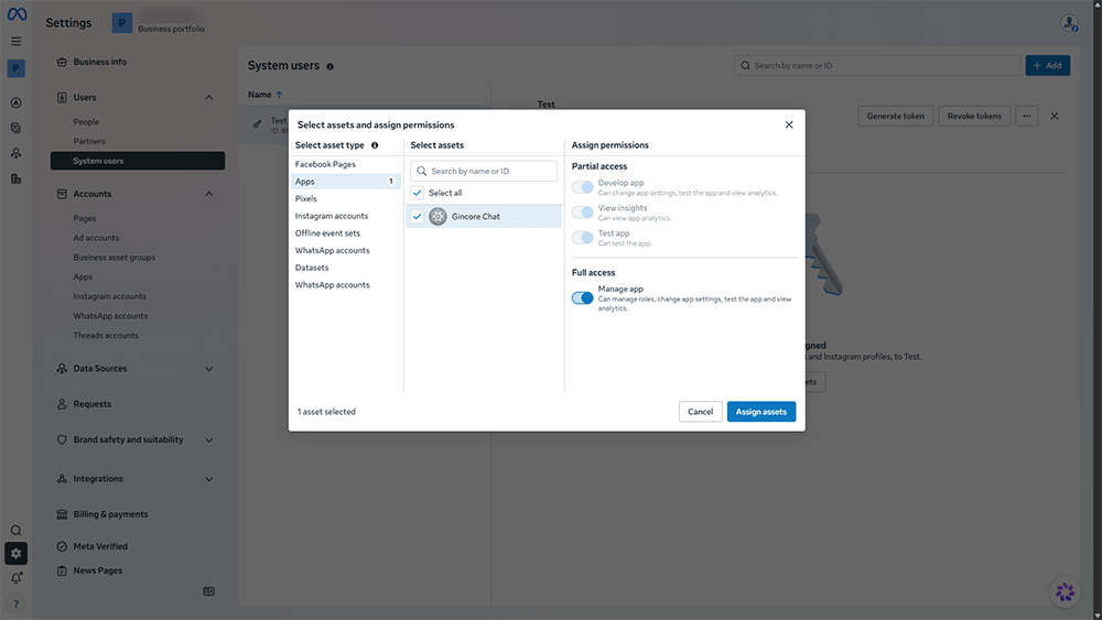 Zuweisung von Systembenutzerrechten für die App in den Meta Business Settings