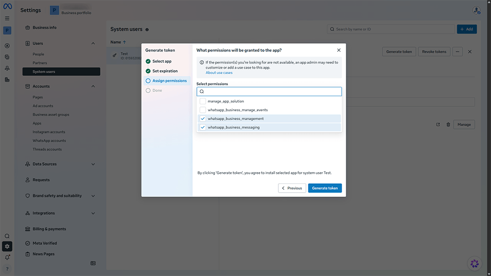 Auswahl der Berechtigungen whatsapp_business_management und whatsapp_business_messaging bei der Generierung eines Systemtokens