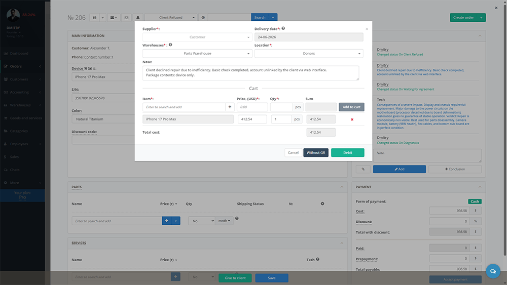 Interface du logiciel Gincore : création d'une commande fournisseur pour la réception d'un appareil en tant que donneur de la part d'un client