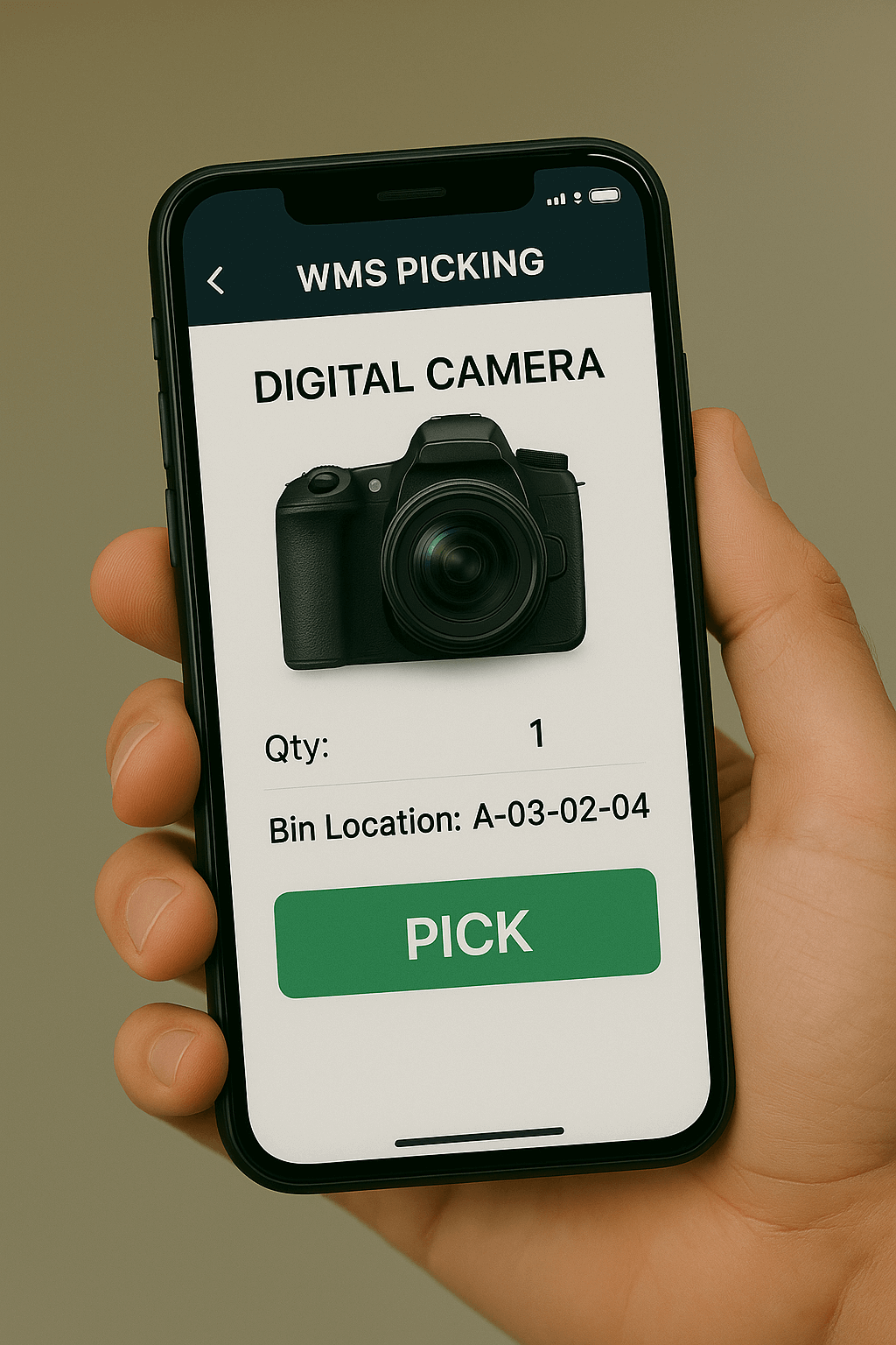 A mobile device in a warehouse showing the WMS picking interface with product image, location, and quantity.