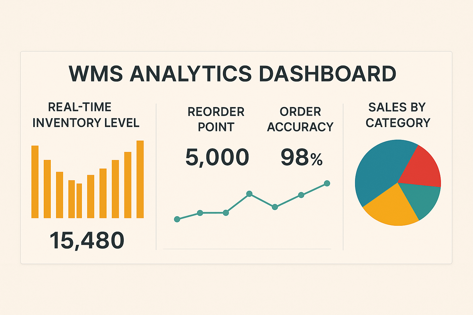 An analytics dashboard in a WMS showing real-time inventory levels, value, and stock turnover rate.