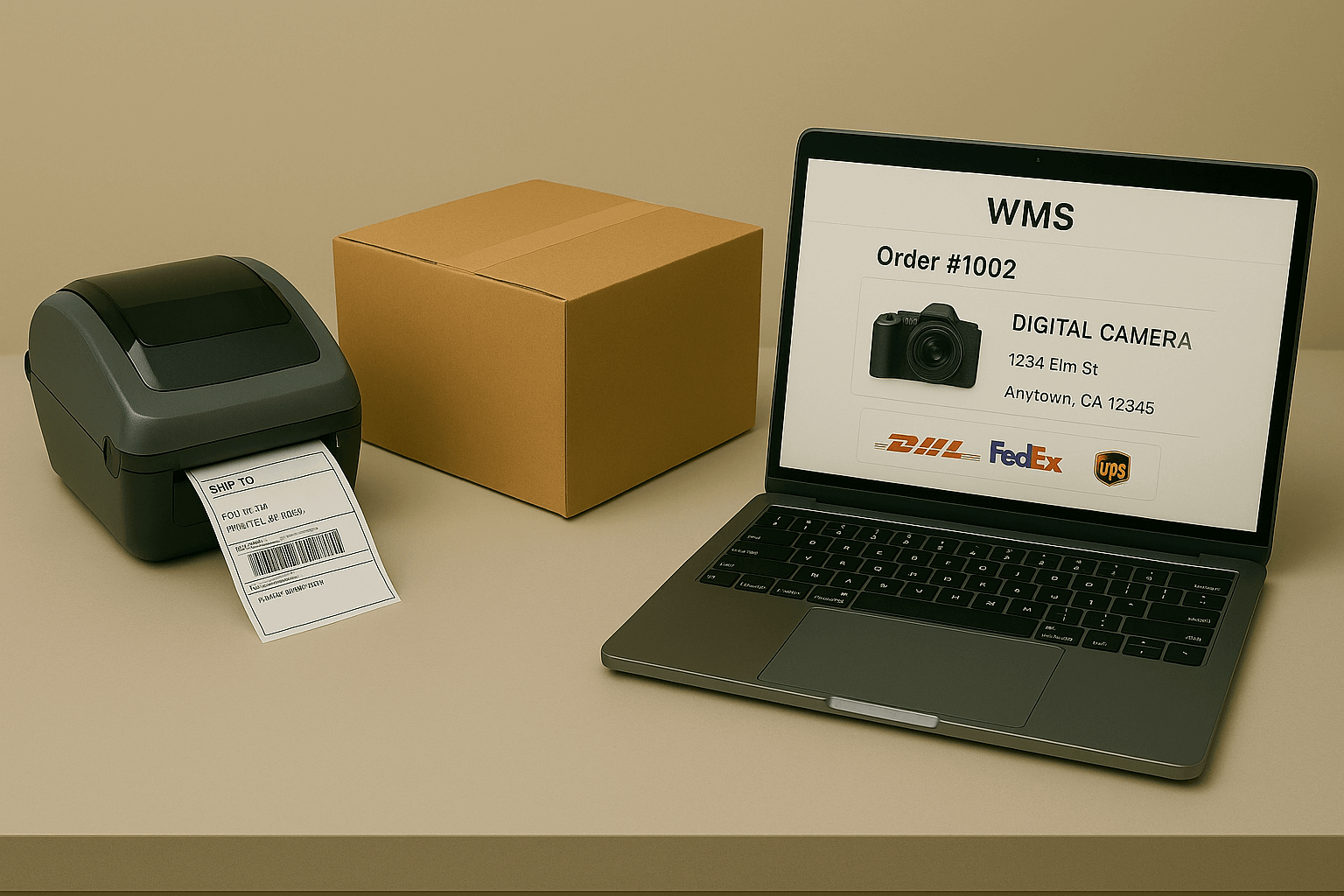 WMS dashboard showing a completed order with an option to print a shipping label.