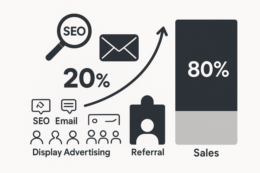 Visuelle Darstellung von Marketingkanälen, die den 80/20-Effekt zeigen